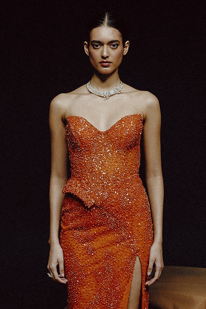 Orange Tulle Sequin Hand Embroidered Wedding Gown by Dolly J at Pernia's Pop Up Shop