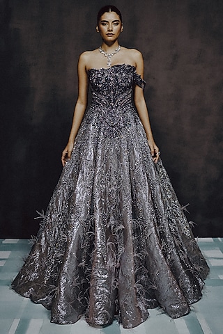 Violet Organza Sequin Hand Embroidered Ball Gown by Dolly J