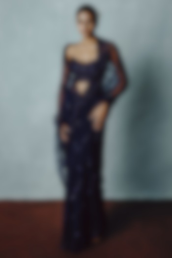 Midnight Blue Net Bead Hand Embellished Reception Saree Set by Dolly J at Pernia's Pop Up Shop