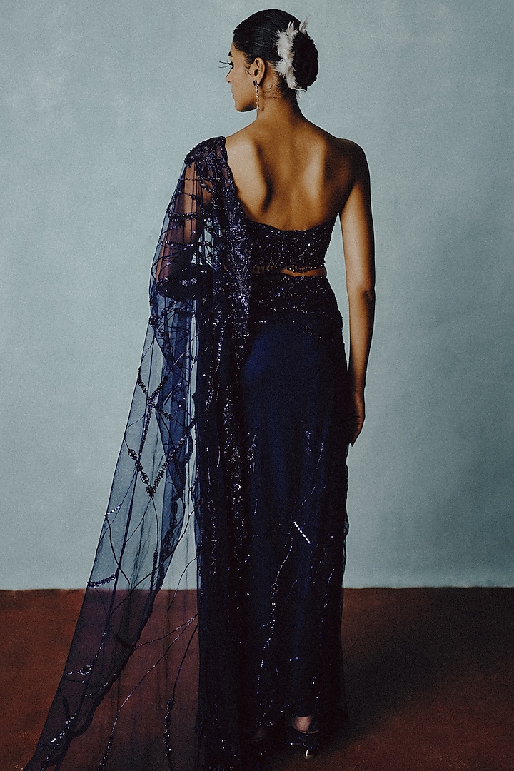 Midnight Blue Net Bead Hand Embellished Reception Saree Set by Dolly J at Pernia's Pop Up Shop