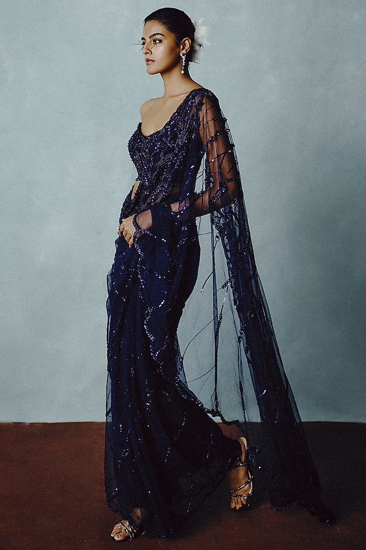 Midnight Blue Net Bead Hand Embellished Reception Saree Set by Dolly J at Pernia's Pop Up Shop
