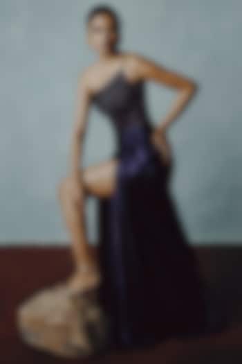 Deep Violet Tulle Embellished Wedding Gown by Dolly J at Pernia's Pop Up Shop