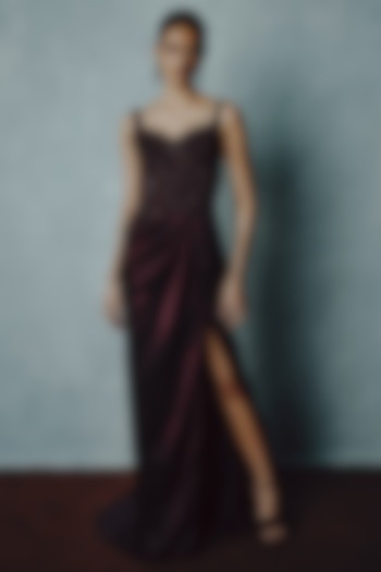 Wine Tulle & Silk Satin Hand Embellished Wedding Gown by Dolly J at Pernia's Pop Up Shop