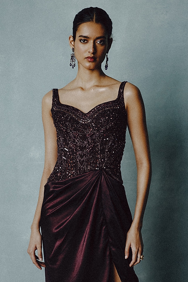 Wine Tulle & Silk Satin Hand Embellished Wedding Gown by Dolly J at Pernia's Pop Up Shop