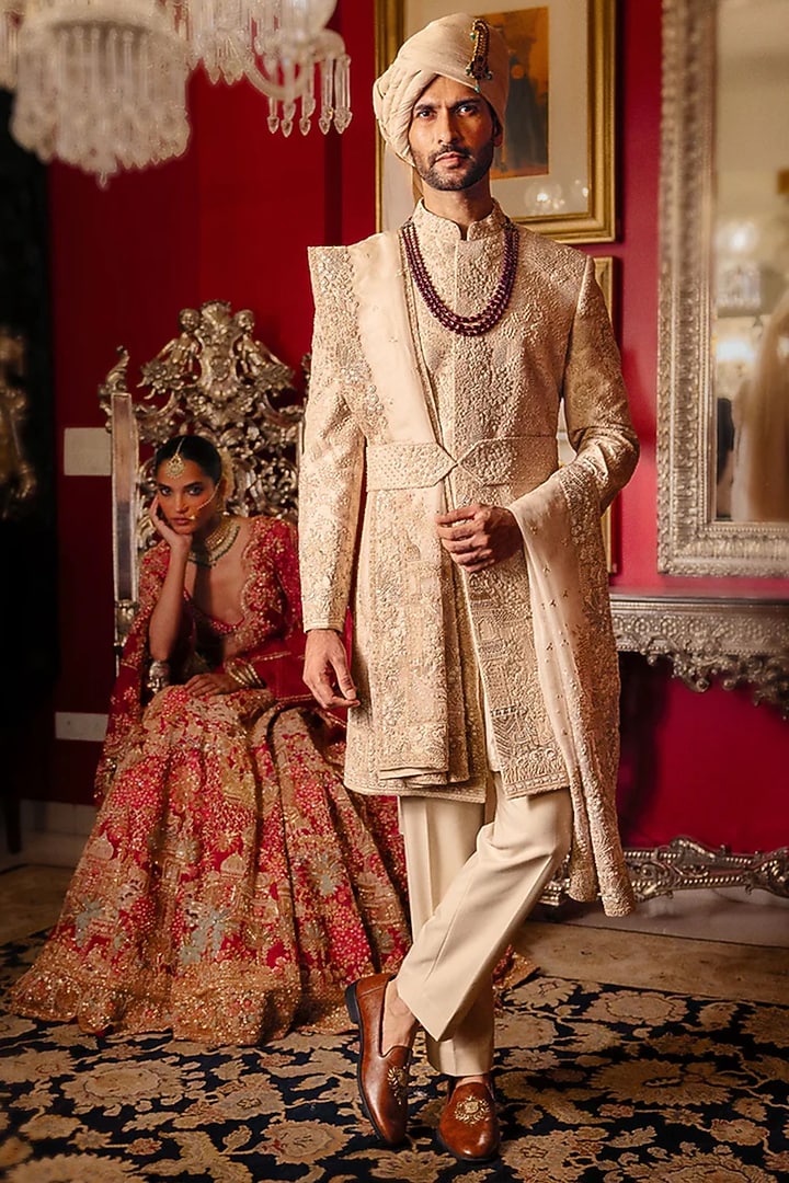 Pink Raw Silk Groom Sherwani Set by Dolly J MAN at Pernia's Pop Up Shop