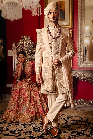 Pink Raw Silk Sherwani Set by Dolly J MAN