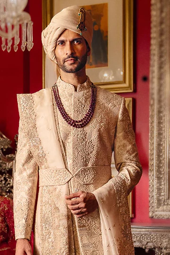 Pink Raw Silk Groom Sherwani Set by Dolly J MAN at Pernia's Pop Up Shop
