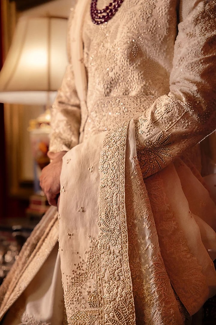 Pink Raw Silk Groom Sherwani Set by Dolly J MAN at Pernia's Pop Up Shop