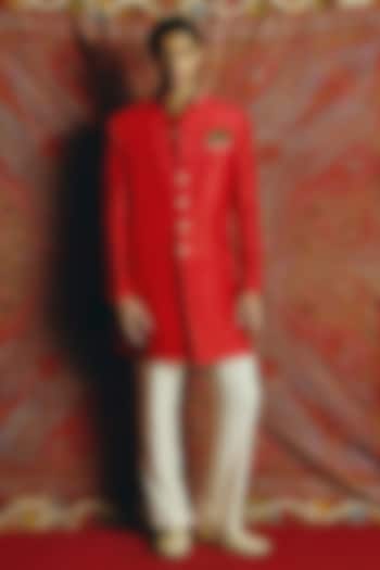 Red Raw Silk Embroidered Achkan Set by Dolly J MAN at Pernia's Pop Up Shop