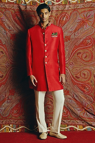 Red Raw Silk Embroidered Achkan Set by Dolly J MAN