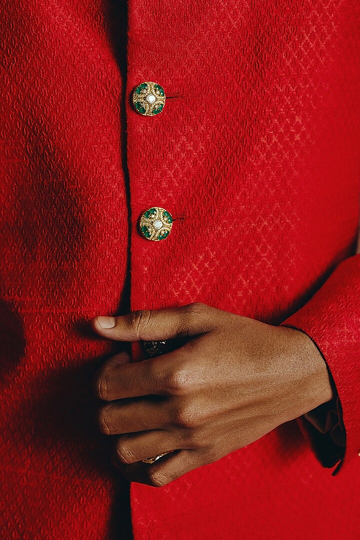 Red Raw Silk Embroidered Achkan Set by Dolly J MAN at Pernia's Pop Up Shop