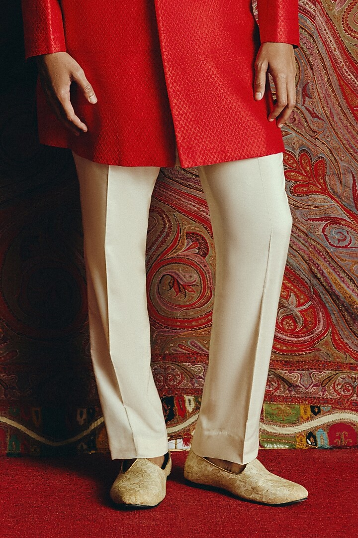 Red Raw Silk Embroidered Achkan Set by Dolly J MAN at Pernia's Pop Up Shop