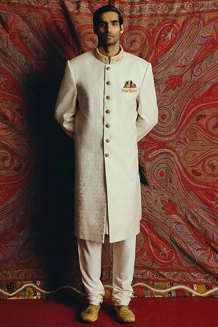 Ivory Banarasi Groom Sherwani Set by Dolly J MAN at Pernia's Pop Up Shop