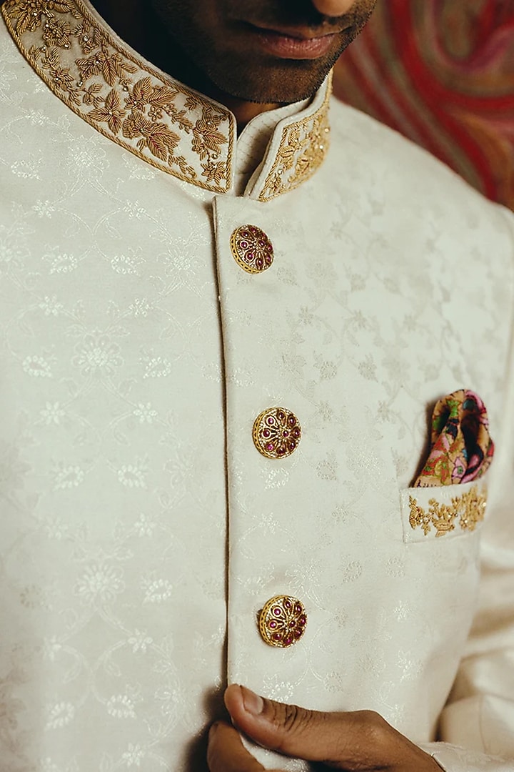 Ivory Banarasi Groom Sherwani Set by Dolly J MAN at Pernia's Pop Up Shop