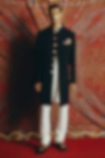 Black Japanese Crepe Hand Embroidered Achkan Set by Dolly J MAN at Pernia's Pop Up Shop