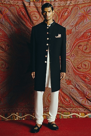 Black Japanese Crepe Hand Embroidered Achkan Set by Dolly J MAN