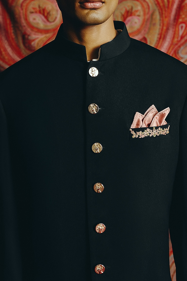 Black Japanese Crepe Hand Embroidered Achkan Set by Dolly J MAN at Pernia's Pop Up Shop
