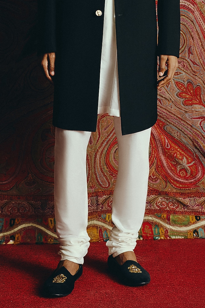 Black Japanese Crepe Hand Embroidered Achkan Set by Dolly J MAN at Pernia's Pop Up Shop