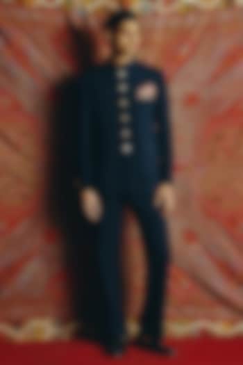 Navy Blue Japanese Crepe Wedding Bandhgala Set by Dolly J MAN at Pernia's Pop Up Shop