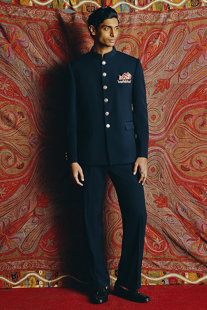 Navy Blue Japanese Crepe Wedding Bandhgala Set by Dolly J MAN at Pernia's Pop Up Shop