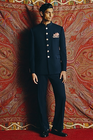 Navy Blue Japanese Crepe Bandhgala Set by Dolly J MAN
