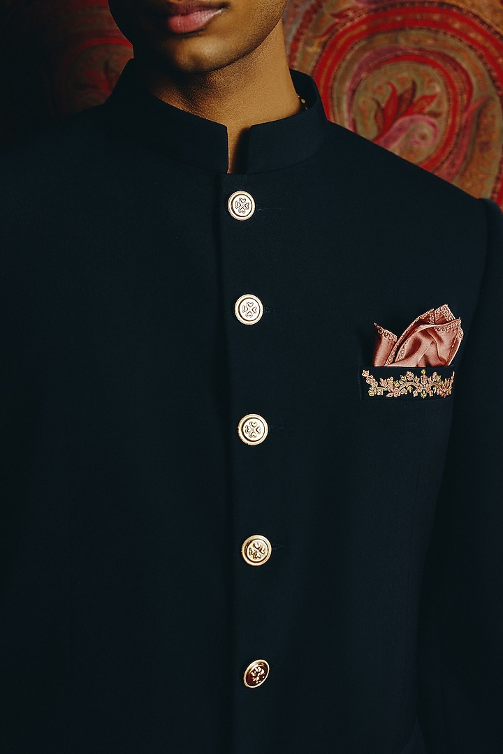 Navy Blue Japanese Crepe Wedding Bandhgala Set by Dolly J MAN at Pernia's Pop Up Shop