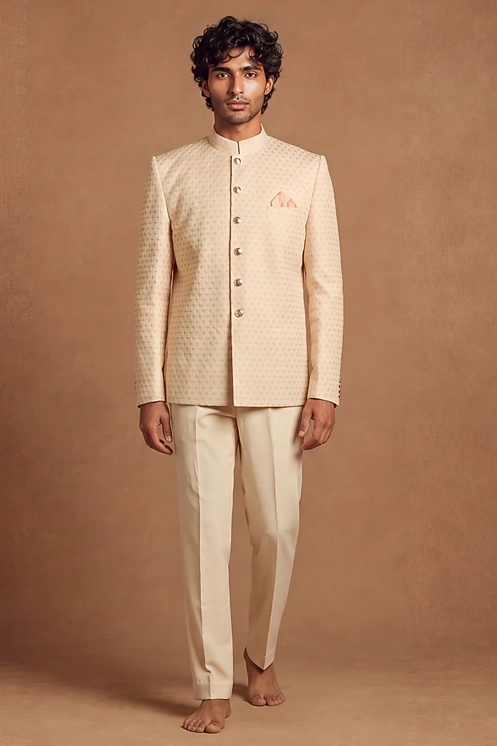 Ivory Italian Crepe Groom Bandhgala Set by Dolly J MAN at Pernia's Pop Up Shop