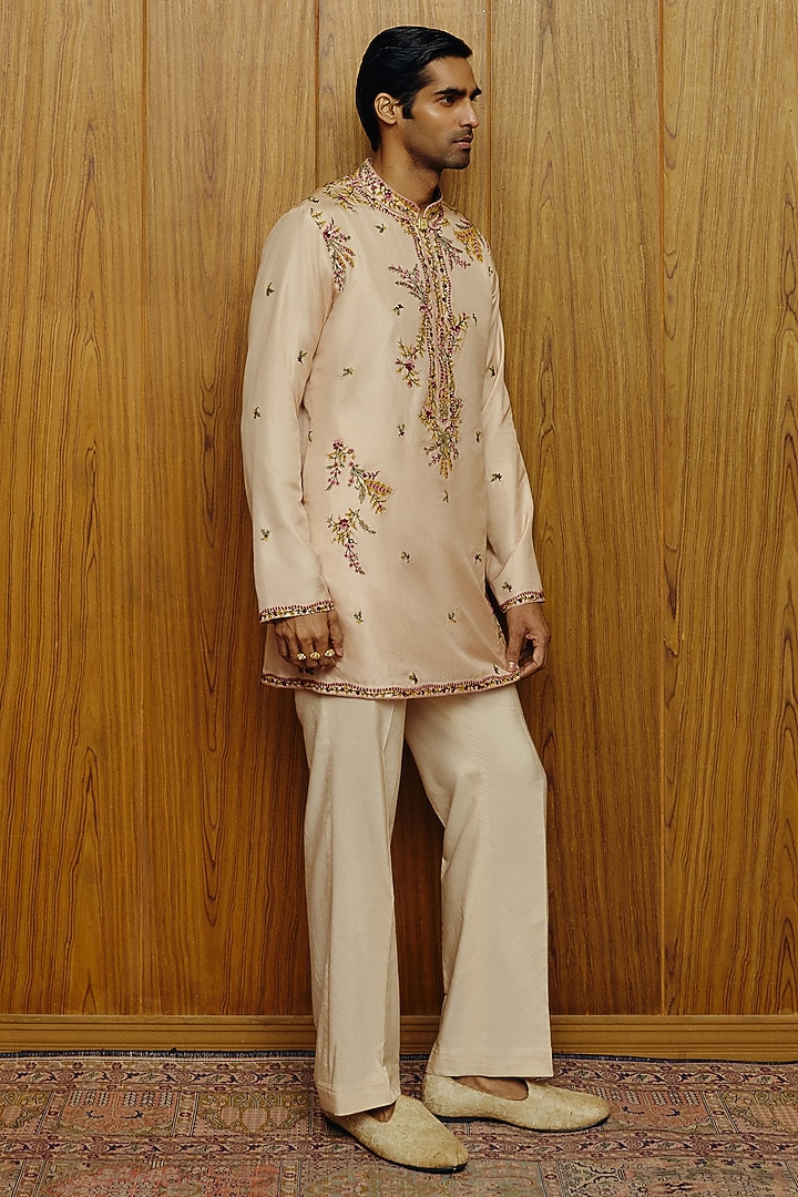Cream Pink Raw Silk Hand Embroidered Kurta Set by Dolly J MAN at Pernia's Pop Up Shop