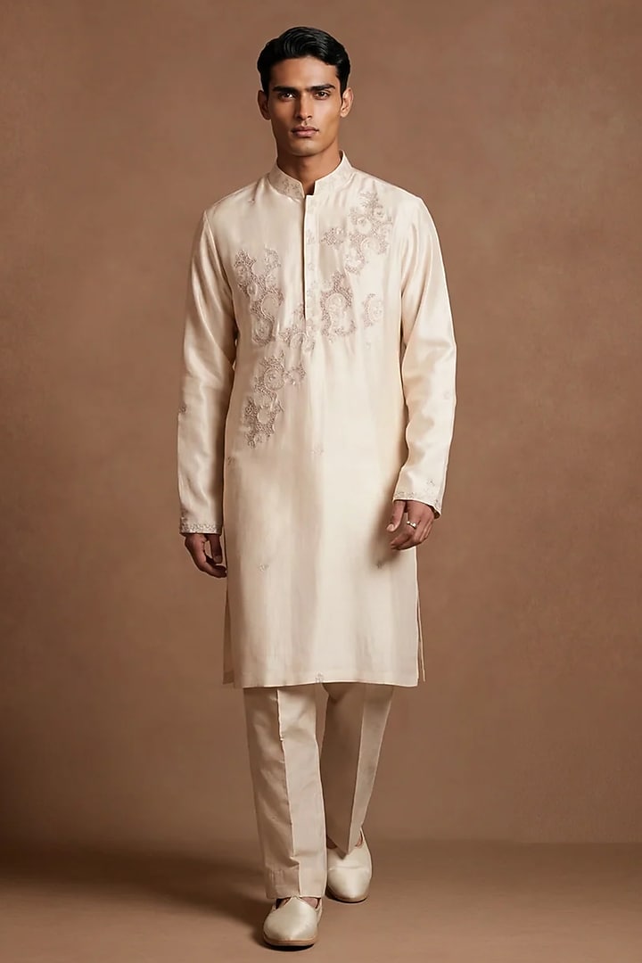 Ivory Dupion Silk Kurta Set by Dolly J MAN at Pernia's Pop Up Shop