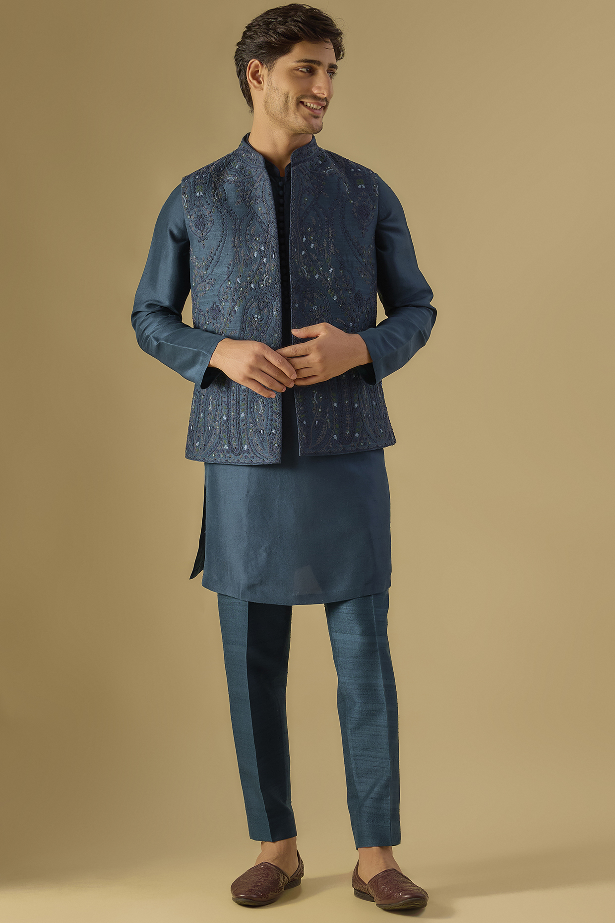 Navy Blue Raw Silk Dori Embroidered Bundi Jacket Set by Dolly J MAN