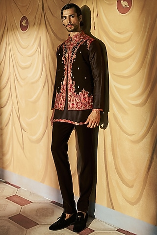 Black Japanese Crepe Kashmiri Thread Embroidered Bundi Jacket Set by Dolly J MAN