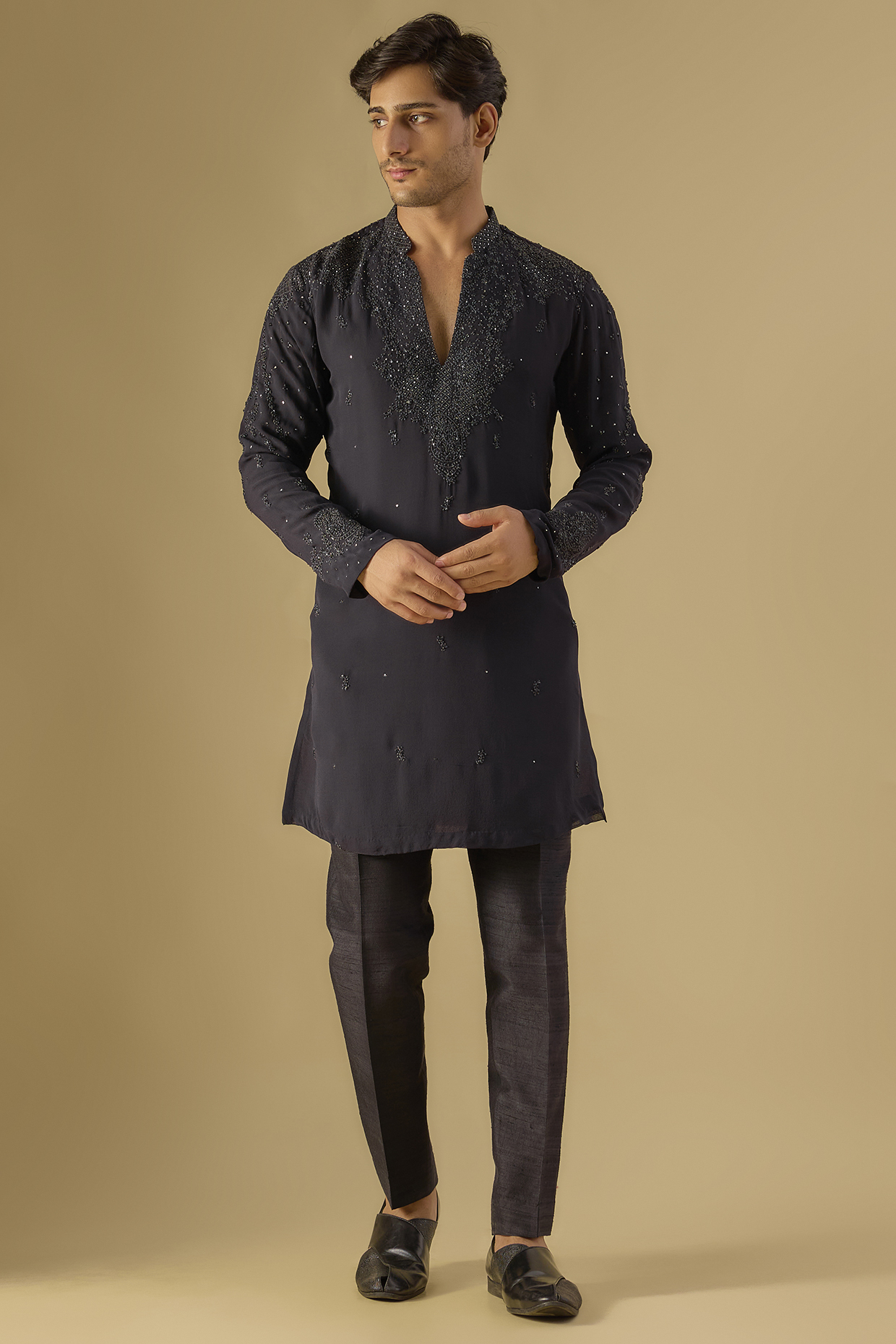 Black Georgette Chikankari Embroidered Kurta Set by Dolly J MAN