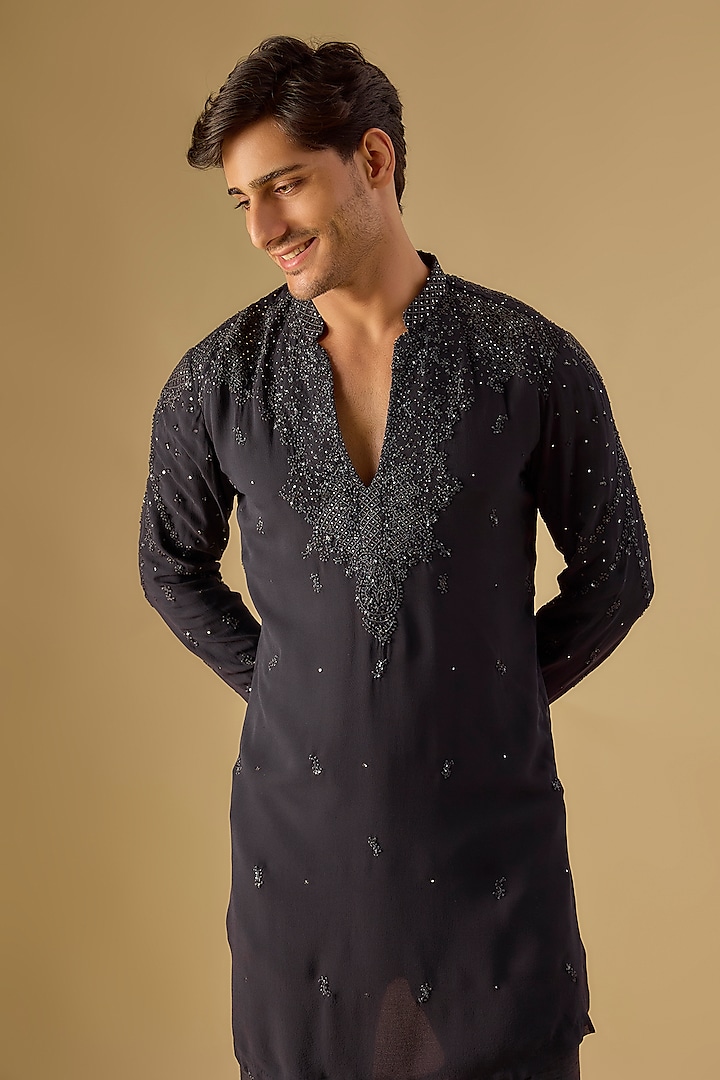 Black Georgette Chikankari Embroidered Kurta Set by Dolly J MAN at Pernia's Pop Up Shop