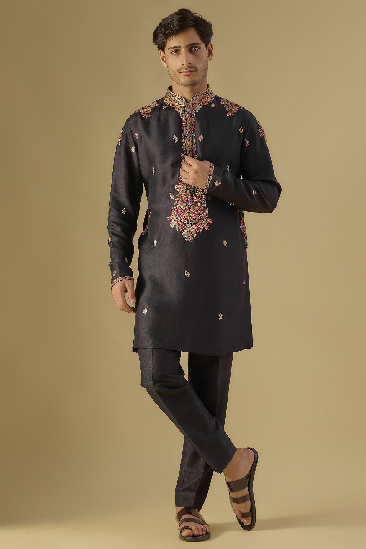 Black Silk Kashmiri Embroidered Kurta Set by Dolly J MAN