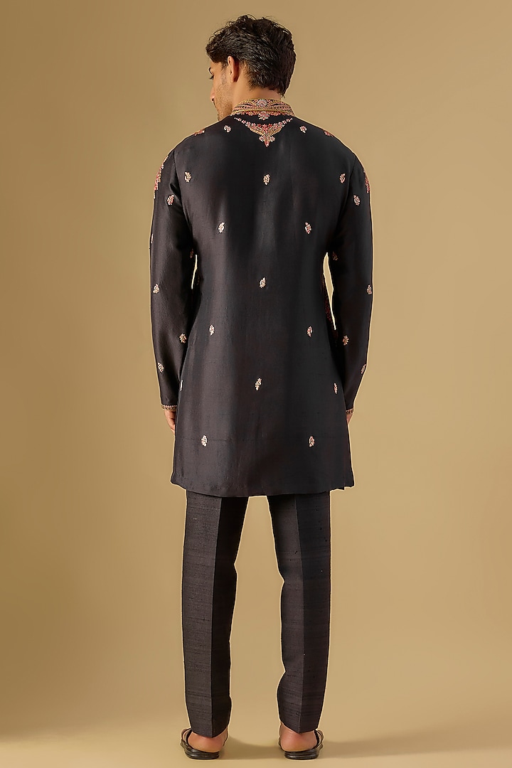 Black Silk Kashmiri Embroidered Kurta Set by Dolly J MAN at Pernia's Pop Up Shop