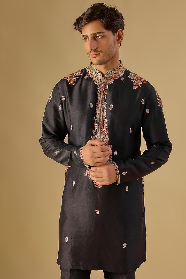 Black Silk Kashmiri Embroidered Kurta Set by Dolly J MAN at Pernia's Pop Up Shop