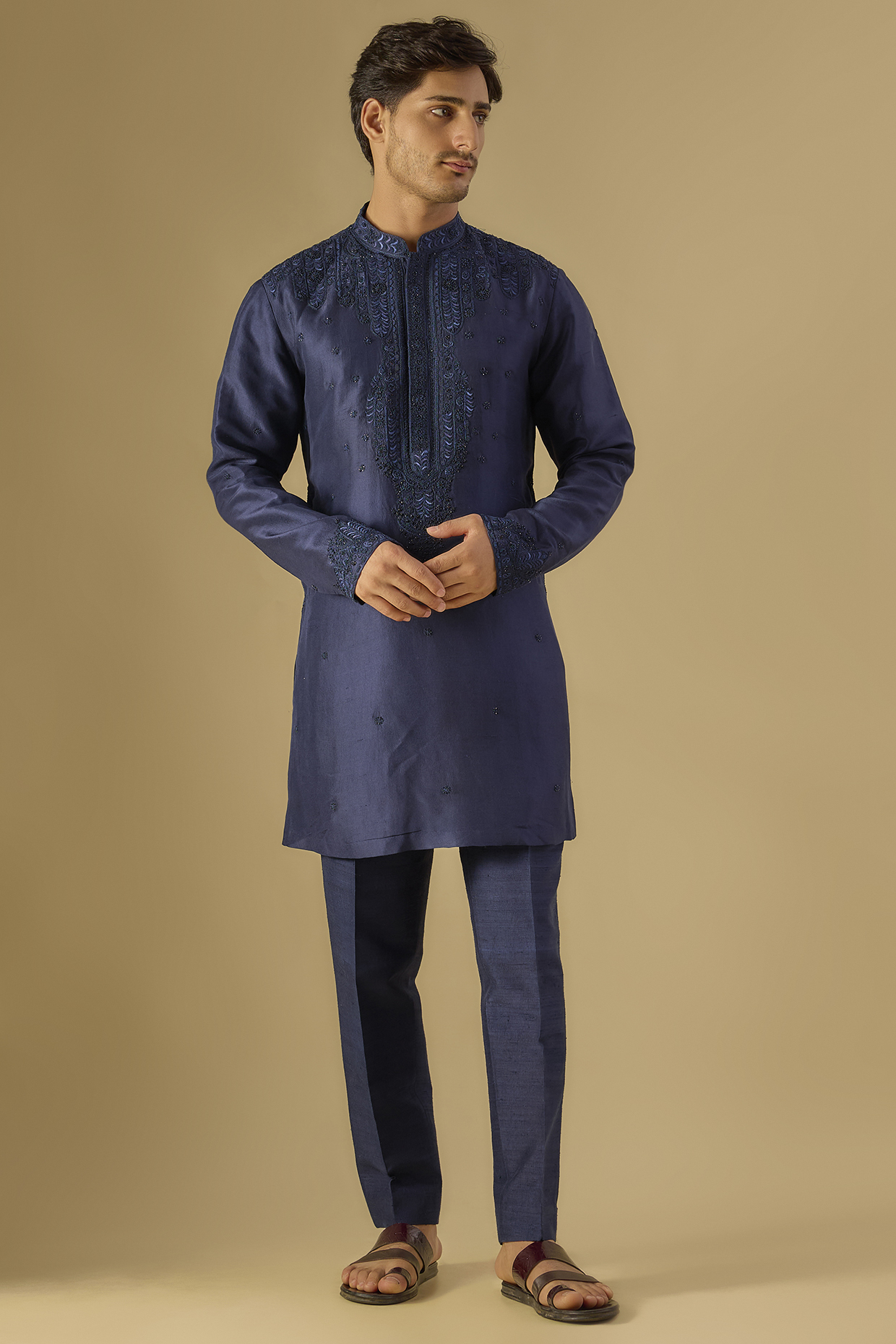 Blue Silk Embroidered Kurta Set by Dolly J MAN