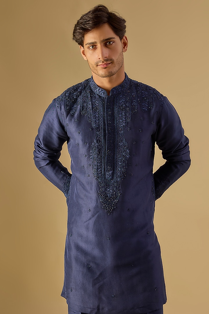 Blue Silk Embroidered Kurta Set by Dolly J MAN at Pernia's Pop Up Shop