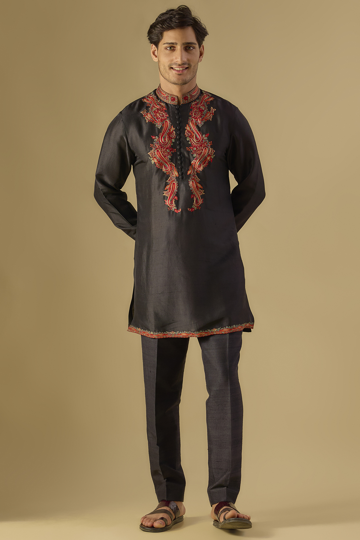 Black Silk Embroidered Kurta Set by Dolly J MAN