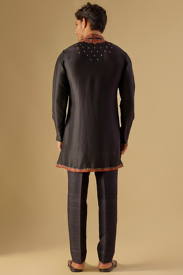 Black Silk Embroidered Kurta Set by Dolly J MAN at Pernia's Pop Up Shop