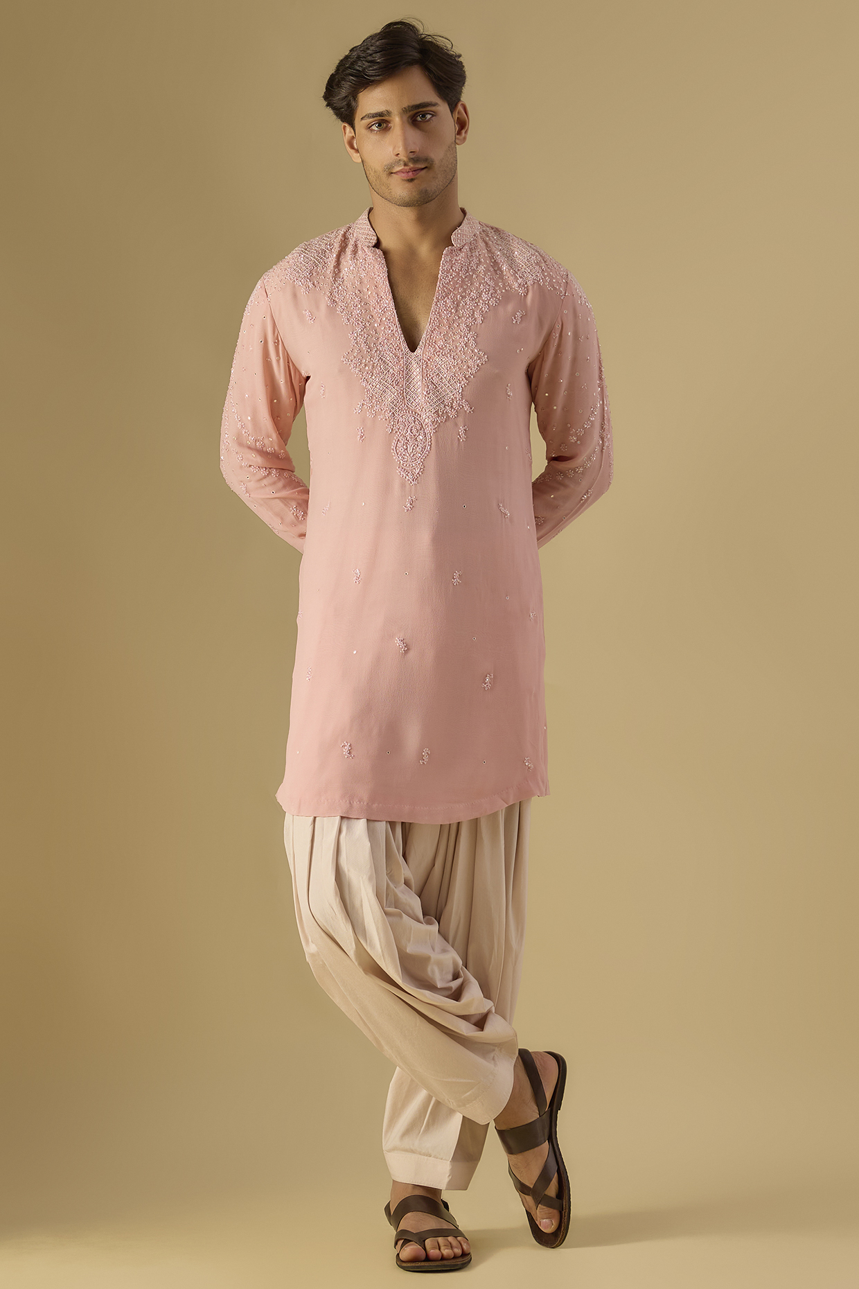 Pastel Pink Georgette Embroidered Lucknowi Kurta Set by Dolly J MAN