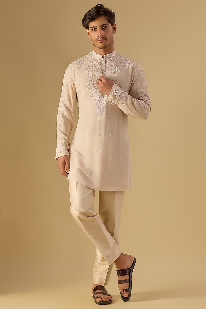 Ivory Georgette Embroidered Lucknowi Kurta Set by Dolly J MAN