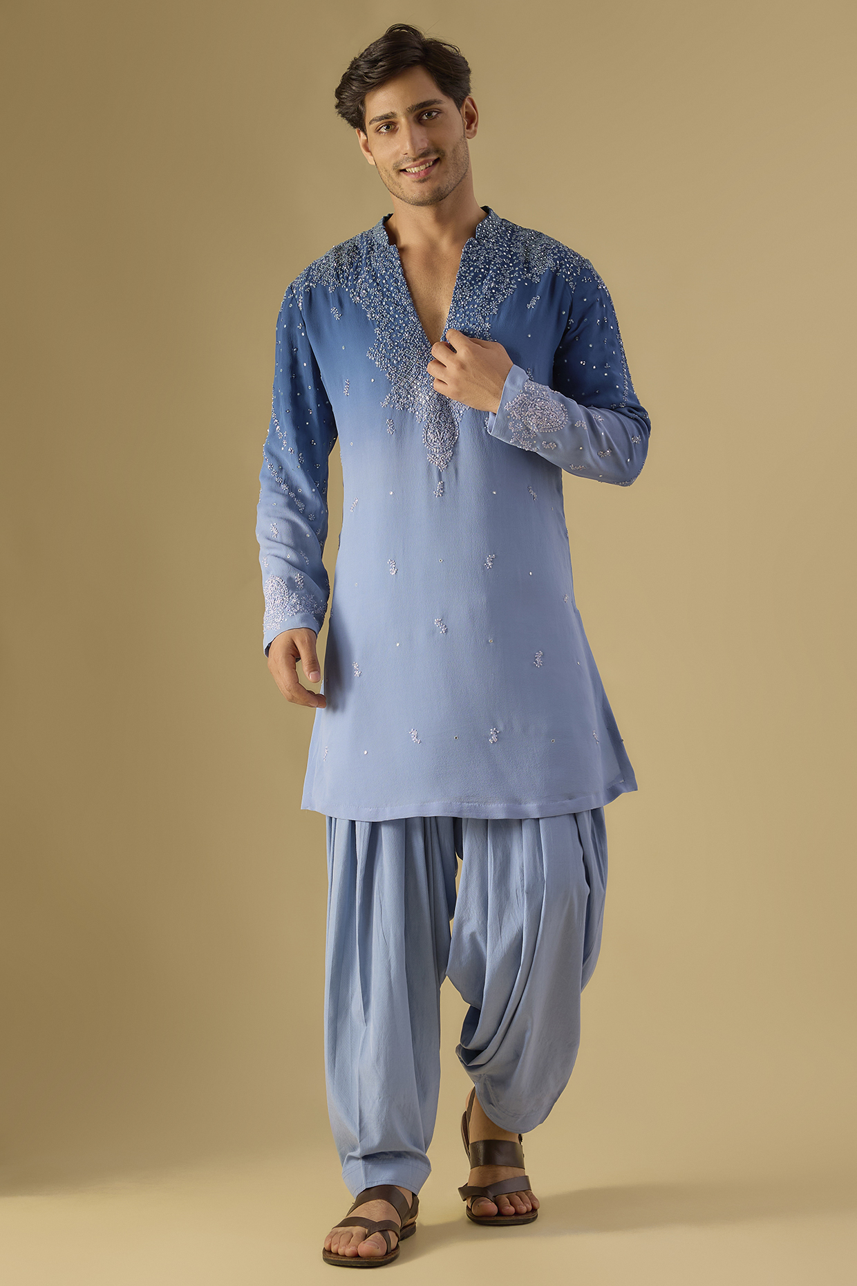 Blue Ombre Silk Chikankari Embroidered Kurta Set by Dolly J MAN