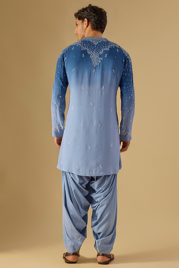 Blue Ombre Silk Chikankari Embroidered Kurta Set by Dolly J MAN at Pernia's Pop Up Shop