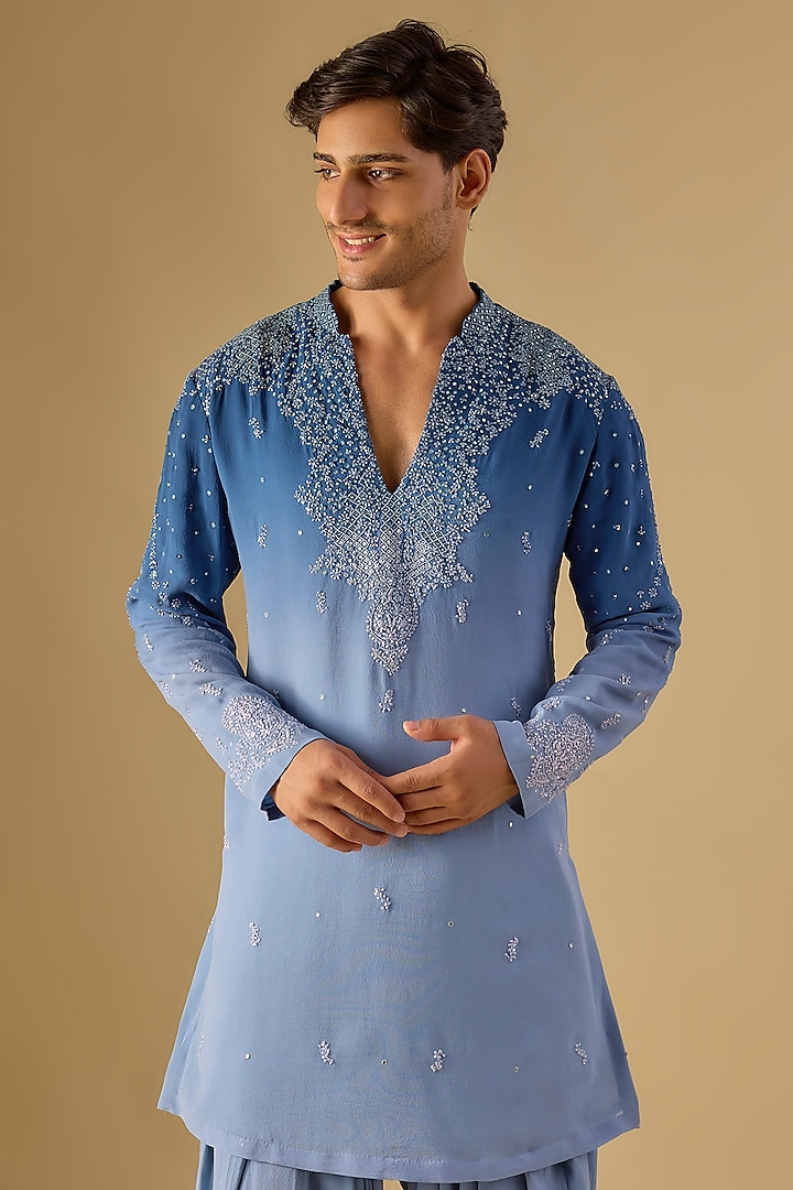 Blue Ombre Silk Chikankari Embroidered Kurta Set by Dolly J MAN at Pernia's Pop Up Shop