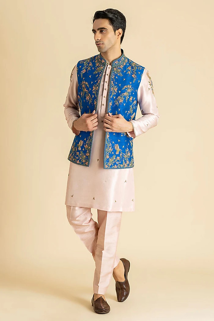 Blue Silk Bundi Jacket Set by Dolly J MAN at Pernia's Pop Up Shop