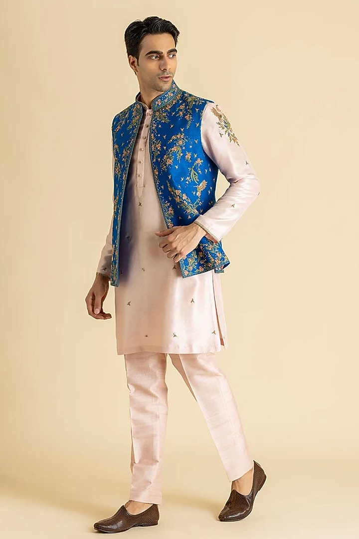 Blue Silk Bundi Jacket Set by Dolly J MAN at Pernia's Pop Up Shop