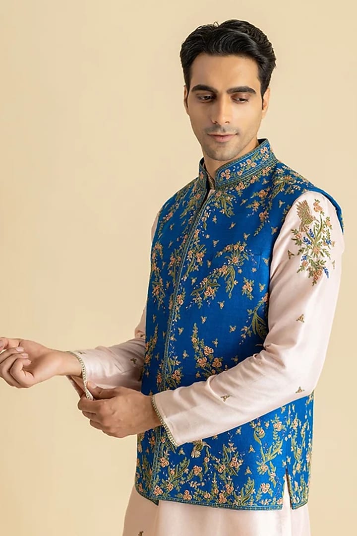 Blue Silk Bundi Jacket Set by Dolly J MAN at Pernia's Pop Up Shop