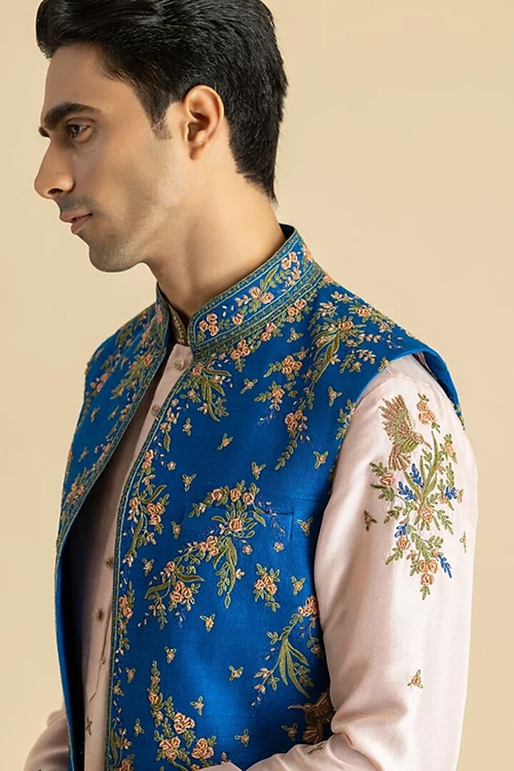 Blue Silk Bundi Jacket Set by Dolly J MAN at Pernia's Pop Up Shop