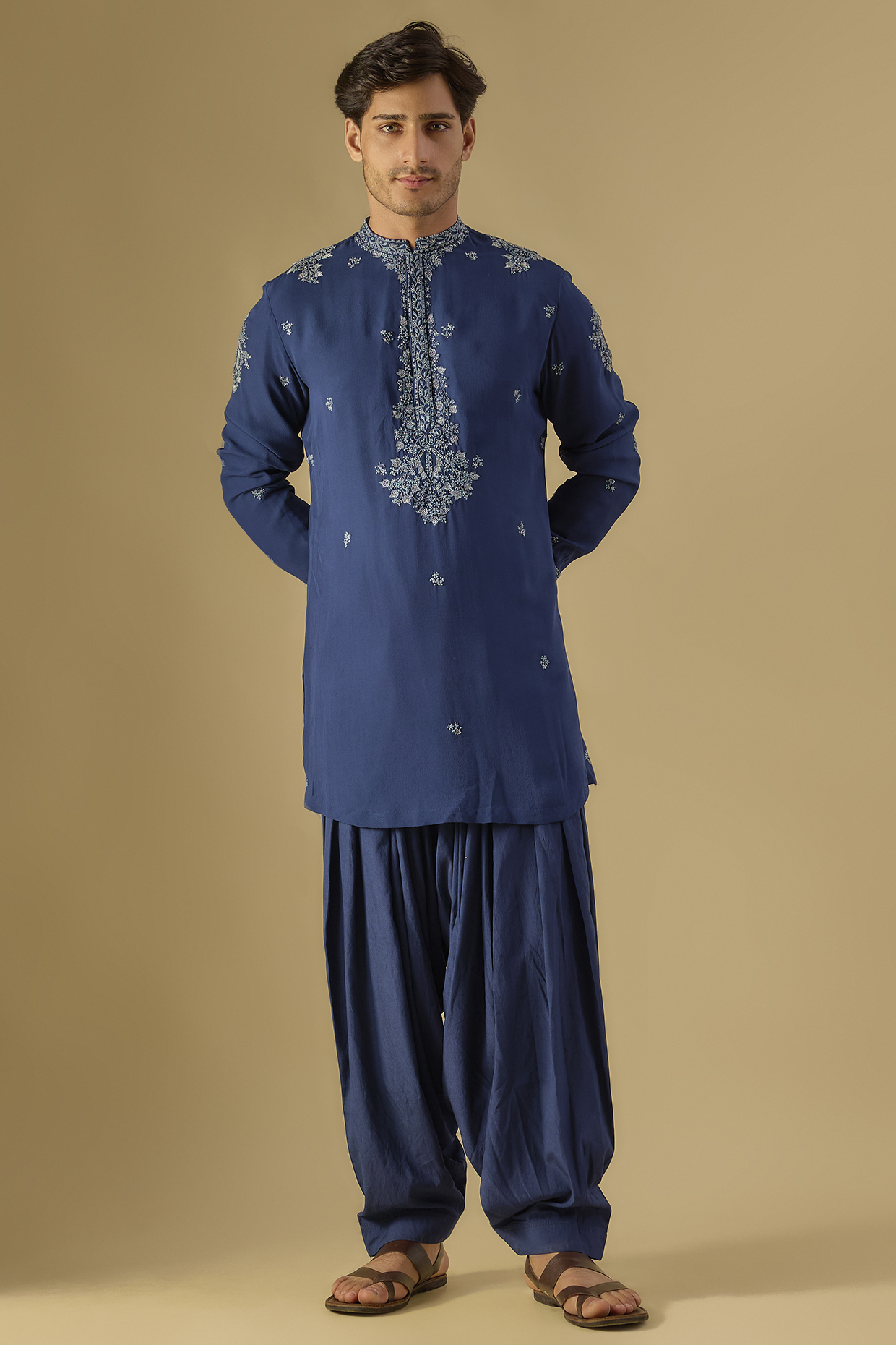 Blue Silk Chikankari Embroidered Kurta Set by Dolly J MAN